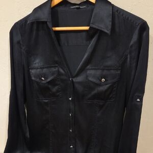 Express Womens Black Satin Button-Down Shirt with Gold Button Detail Size Med